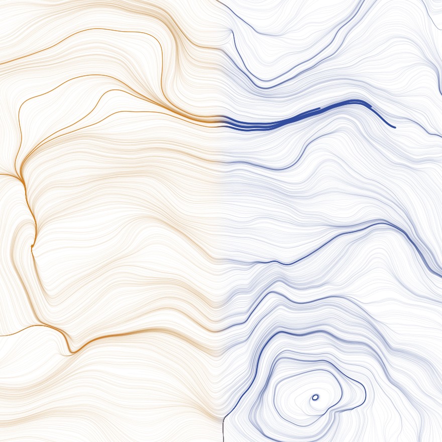 Flow field in copper and navy meeting at a seam